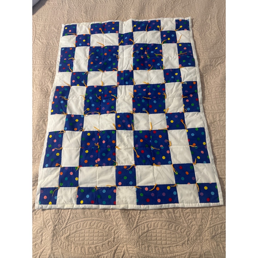 Handmade Patchwork Baby Quilt Blue Polka Dot Hand Tied Nursery Blanket 26x34